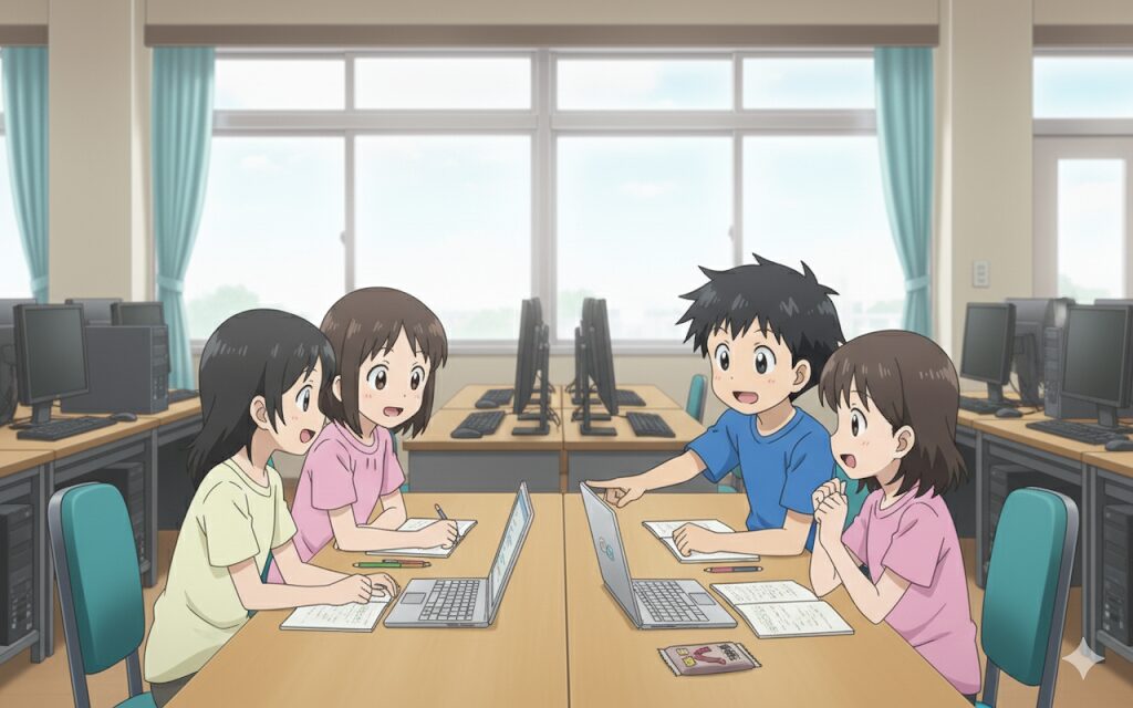 プログラミングについて話し合う小学生